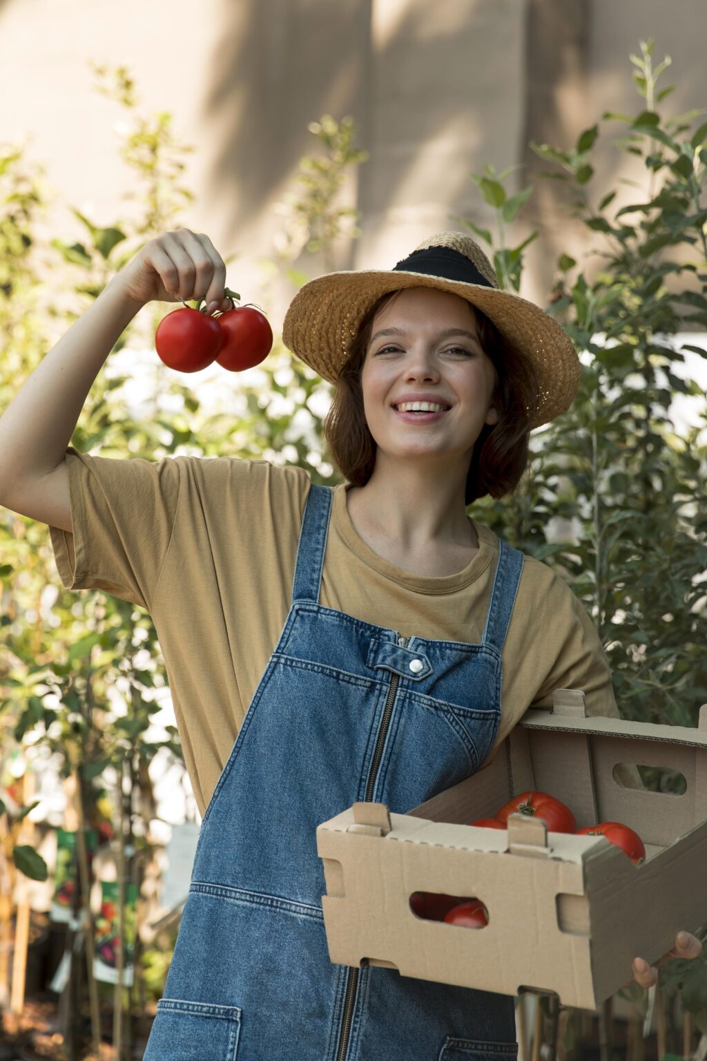 femme à la ferme avec des tomates dans la main